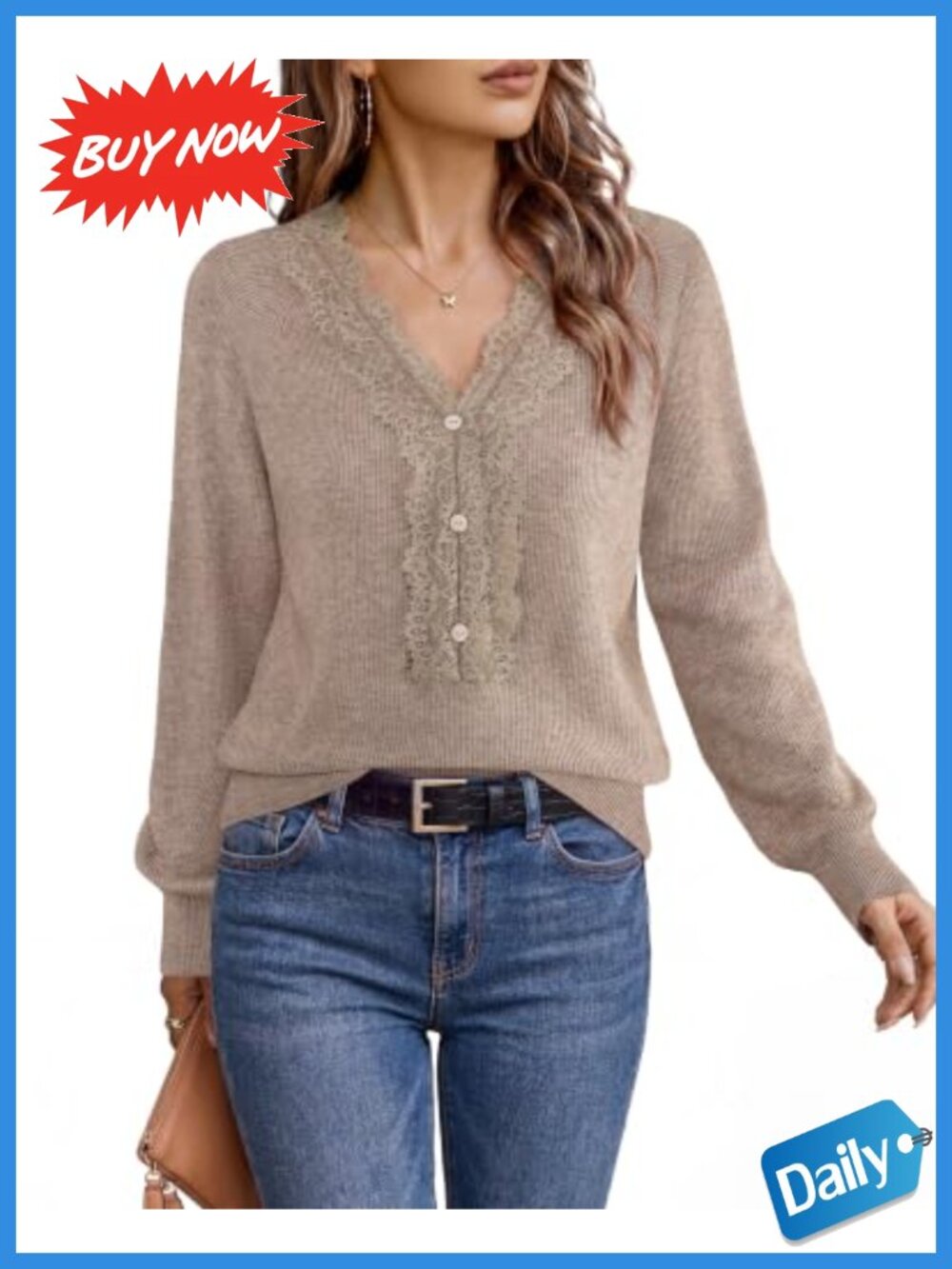 Lace Trim V-Neck Long Sleeve Pullover Sweater Lightweight Knit Work Office